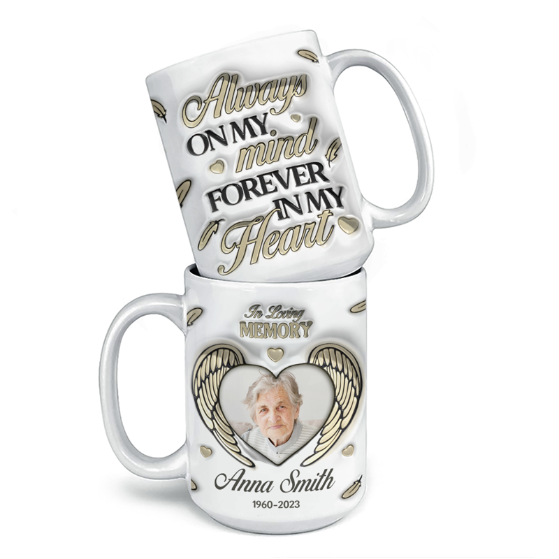 Photo personnalisée « Tu es à jamais dans mon cœur » - Mug commémoratif personnalisé avec effet gonflé 3D - Cadeau de condoléances pour les membres de la famille