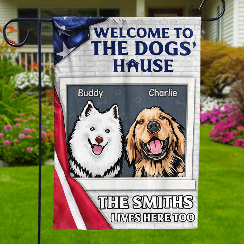 Bienvenue chez Dog's House - Drapeau patriotique personnalisé pour chien - Jour de l'Indépendance, 4 juillet, cadeau pour les propriétaires d'animaux et les amoureux des animaux