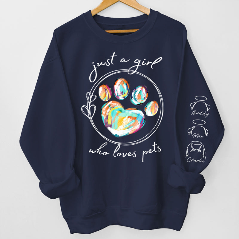 Une fille qui aime les animaux - Sweat-shirt unisexe personnalisé avec motif chien et chat sur la manche - Cadeau de condoléances, cadeau pour propriétaires d'animaux, amoureux des animaux
