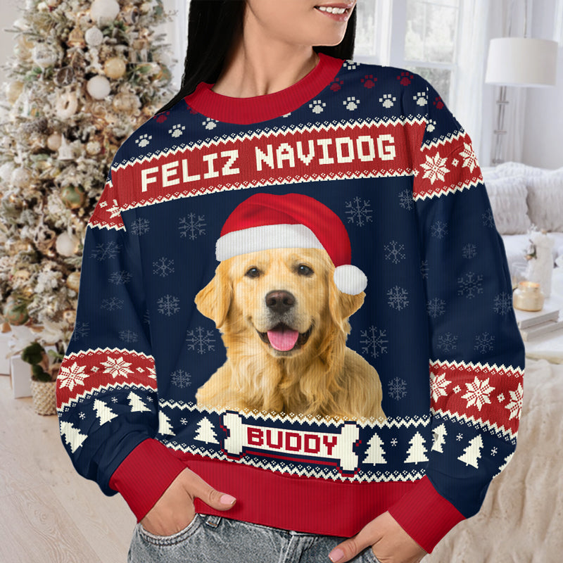 Sweat-shirt personnalisé avec photo « Nous vous souhaitons un joyeux Noël » pour chien - Pull en laine unisexe - Cadeau de Noël pour les propriétaires et les amoureux des animaux