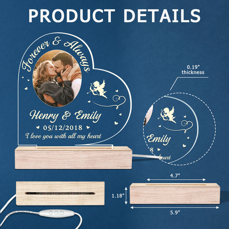 Photo personnalisée « Je t'aime de tout mon cœur » - Lampe LED 3D personnalisée en forme de cœur pour couple - Cadeau pour mari et femme, anniversaire