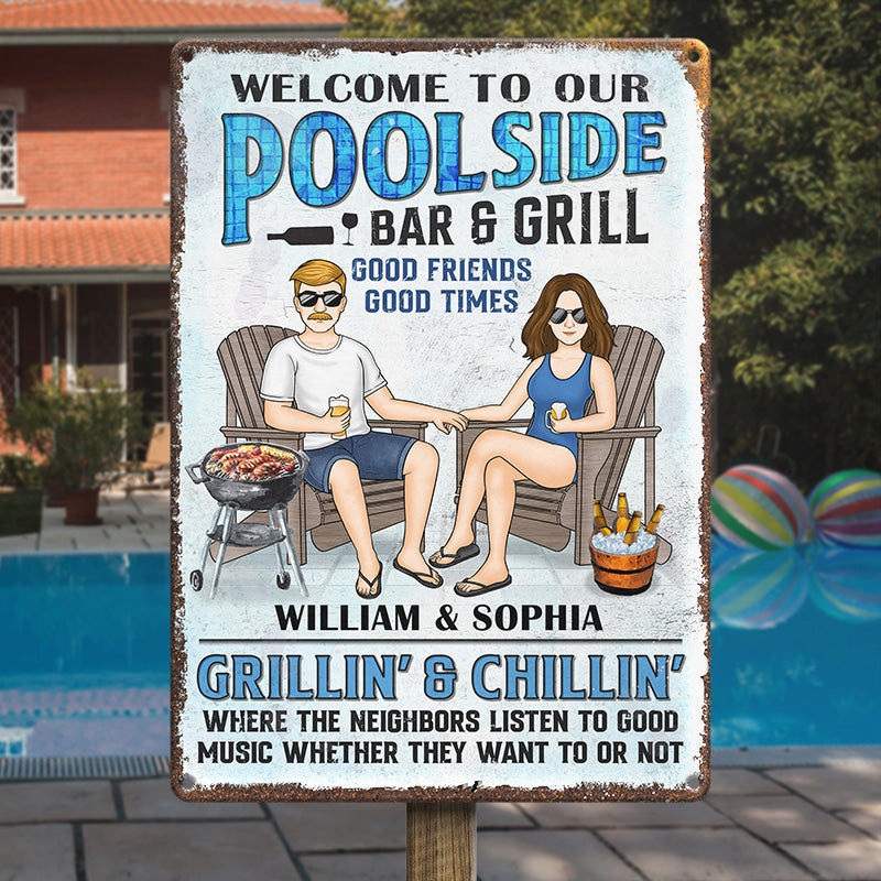 Bienvenue dans notre bar-grill au bord de la piscine - Plaque en métal personnalisée pour couple - Cadeau de pendaison de crémaillère pour mari et femme, anniversaire