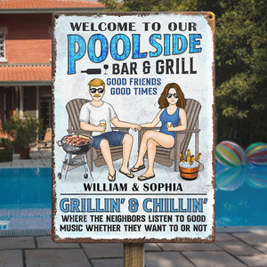 Bienvenue dans notre bar-grill au bord de la piscine - Plaque en métal personnalisée pour couple - Cadeau de pendaison de crémaillère pour mari et femme, anniversaire