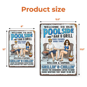 Bienvenue dans notre bar-grill au bord de la piscine - Plaque en métal personnalisée pour couple - Cadeau de pendaison de crémaillère pour mari et femme, anniversaire