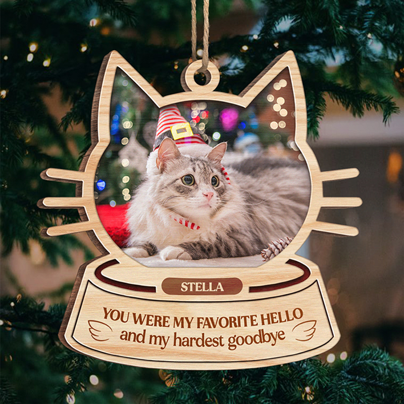 Un morceau de mon cœur est au pont arc-en-ciel - Décoration de Noël en bois personnalisée en forme de visage de chat - Télécharger une image, un cadeau commémoratif, un cadeau de condoléances, un cadeau de Noël
