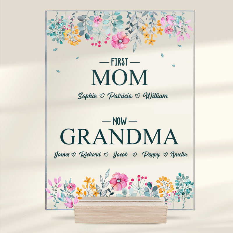 D'abord maman, maintenant grand-mère - Plaque rectangulaire personnalisée en acrylique pour la famille - Cadeau d'anniversaire pour grand-mère et fête des mères