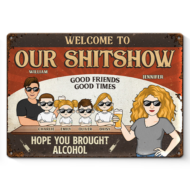 Bienvenue dans notre Shitshow - Plaque en métal personnalisée pour couple - Cadeau de pendaison de crémaillère pour mari et femme, anniversaire