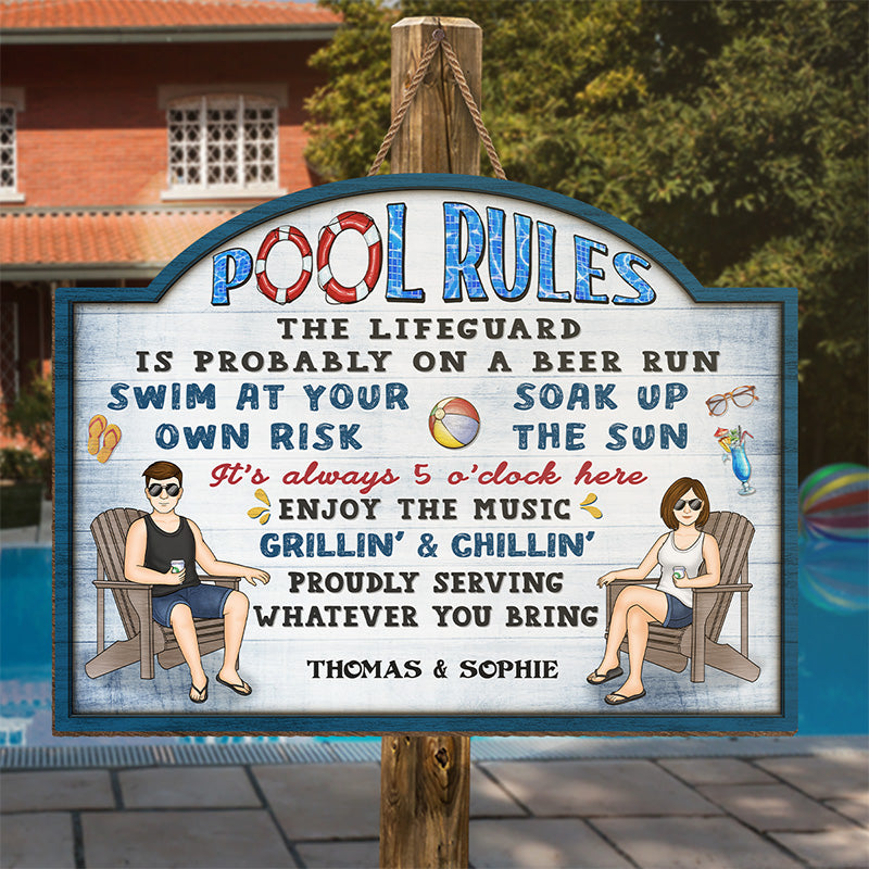 Pool Rules Grillin' & Chillin' - Couple Personalized Custom Shaped Home Decor Wood Sign - House Warming Gift For Husband Wife, Annivesary