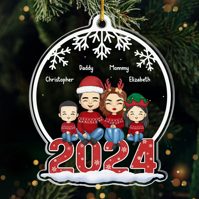 Famille assise ensemble - Décoration personnalisée pour la famille - Boule à neige en acrylique - Cadeau de Noël pour les membres de la famille