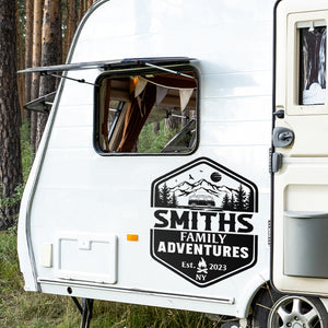 Aventures en famille - Camping Autocollant personnalisé pour camping-car - Cadeau pour les amateurs de camping
