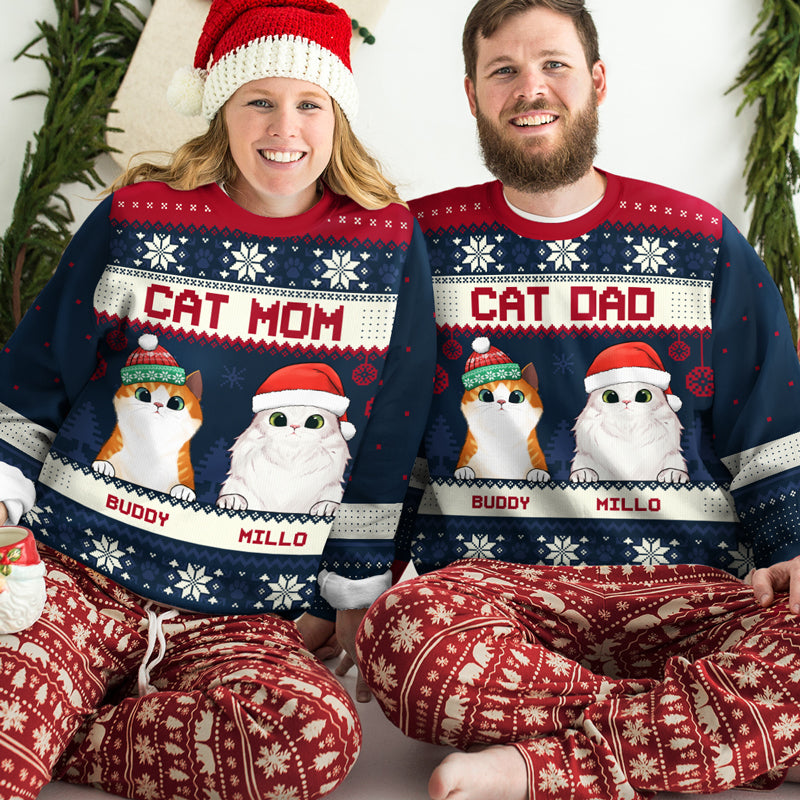 Sweat-shirt de Noël unisexe personnalisé, motif maman et chat, en laine, imprimé intégral, idéal pour les amoureux des chats et des animaux de compagnie. Cadeau idéal pour Noël.
