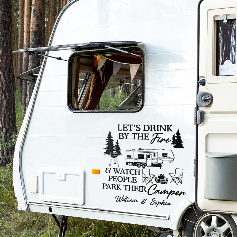 Buvons au coin du feu - Autocollant camping personnalisé pour camping-car - Cadeau pour mari, femme et amoureux du camping