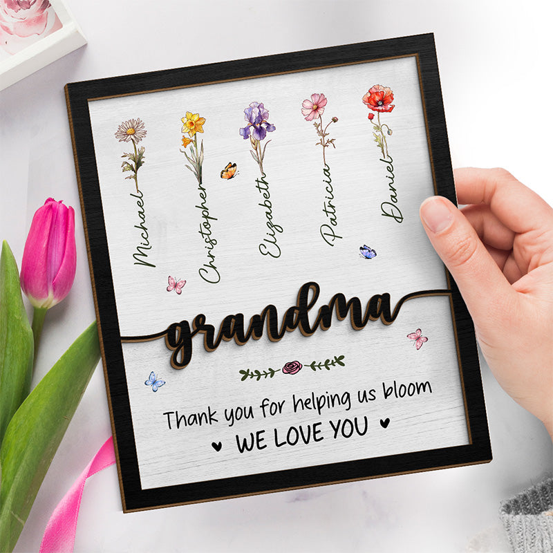 Merci de nous aider à fleurir - Plaque en bois personnalisée à 2 couches avec support - Cadeau de pendaison de crémaillère pour maman et grand-mère