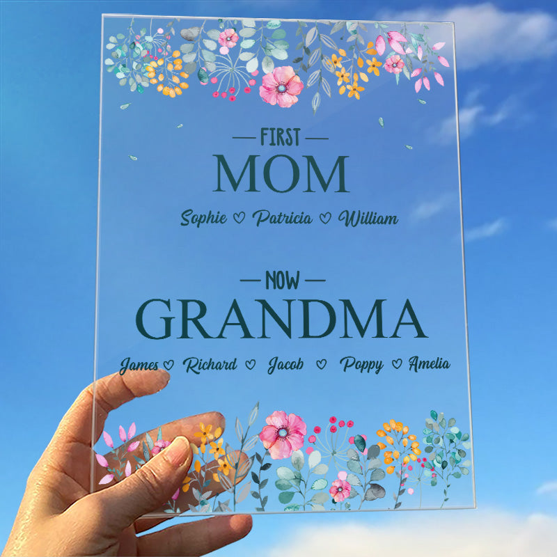 D'abord maman, maintenant grand-mère - Plaque rectangulaire personnalisée en acrylique pour la famille - Cadeau d'anniversaire pour grand-mère et fête des mères