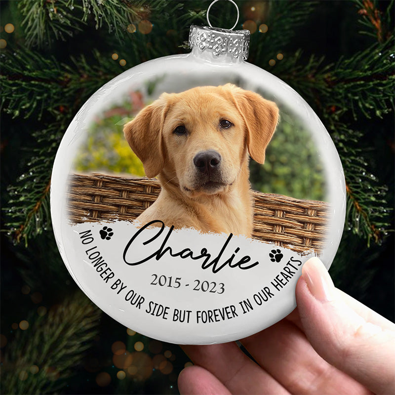 Photo personnalisée que vous avez laissée avec vos empreintes de pattes sur mon cœur - Ornement commémoratif personnalisé en forme de boule plate blanche - Cadeau de Noël, cadeau de condoléances pour les propriétaires d'animaux et les amoureux des animaux