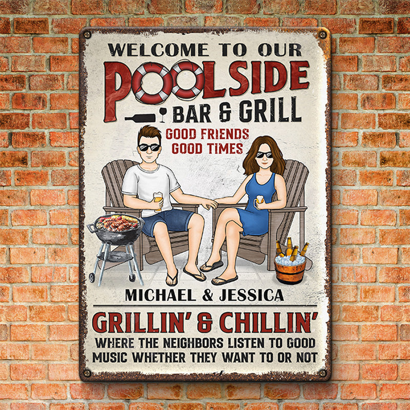 Bienvenue au bar-grill de la piscine - Plaque en métal personnalisée pour couple - Cadeau de pendaison de crémaillère pour mari et femme, anniversaire