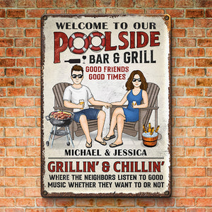 Bienvenue au bar-grill de la piscine - Plaque en métal personnalisée pour couple - Cadeau de pendaison de crémaillère pour mari et femme, anniversaire