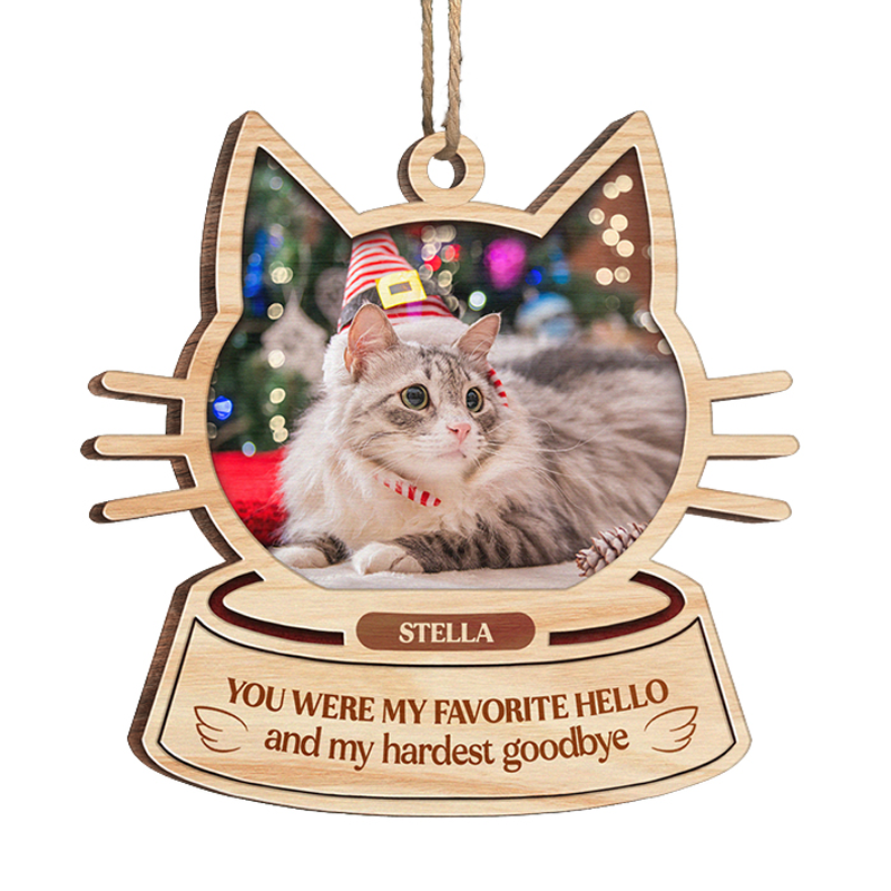 Un morceau de mon cœur est au pont arc-en-ciel - Décoration de Noël en bois personnalisée en forme de visage de chat - Télécharger une image, un cadeau commémoratif, un cadeau de condoléances, un cadeau de Noël