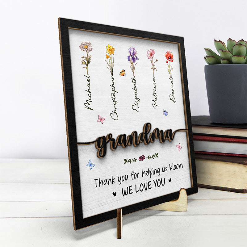 Merci de nous aider à fleurir - Plaque en bois personnalisée à 2 couches avec support - Cadeau de pendaison de crémaillère pour maman et grand-mère