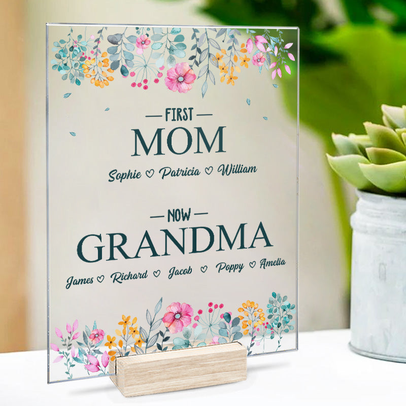 D'abord maman, maintenant grand-mère - Plaque rectangulaire personnalisée en acrylique pour la famille - Cadeau d'anniversaire pour grand-mère et fête des mères