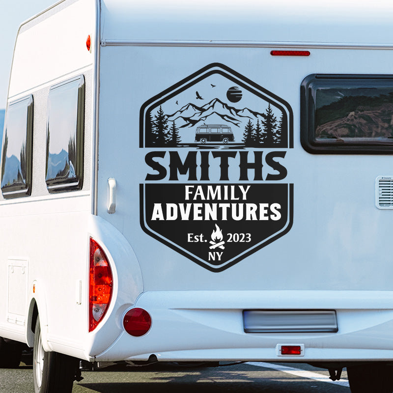 Aventures en famille - Camping Autocollant personnalisé pour camping-car - Cadeau pour les amateurs de camping