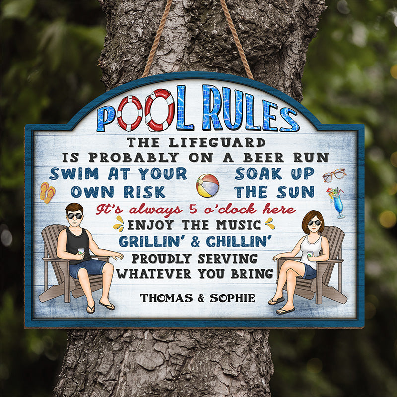 Pool Rules Grillin' & Chillin' - Couple Personalized Custom Shaped Home Decor Wood Sign - House Warming Gift For Husband Wife, Annivesary