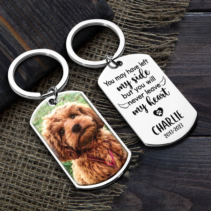 Porte-clés personnalisé avec photo « Tu ne quitteras jamais mon cœur » - Cadeau de condoléances pour les propriétaires d'animaux et les amoureux des animaux