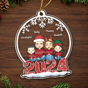 Famille assise ensemble - Décoration personnalisée pour la famille - Boule à neige en acrylique - Cadeau de Noël pour les membres de la famille