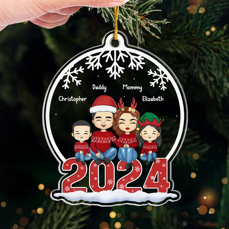 Famille assise ensemble - Décoration personnalisée pour la famille - Boule à neige en acrylique - Cadeau de Noël pour les membres de la famille