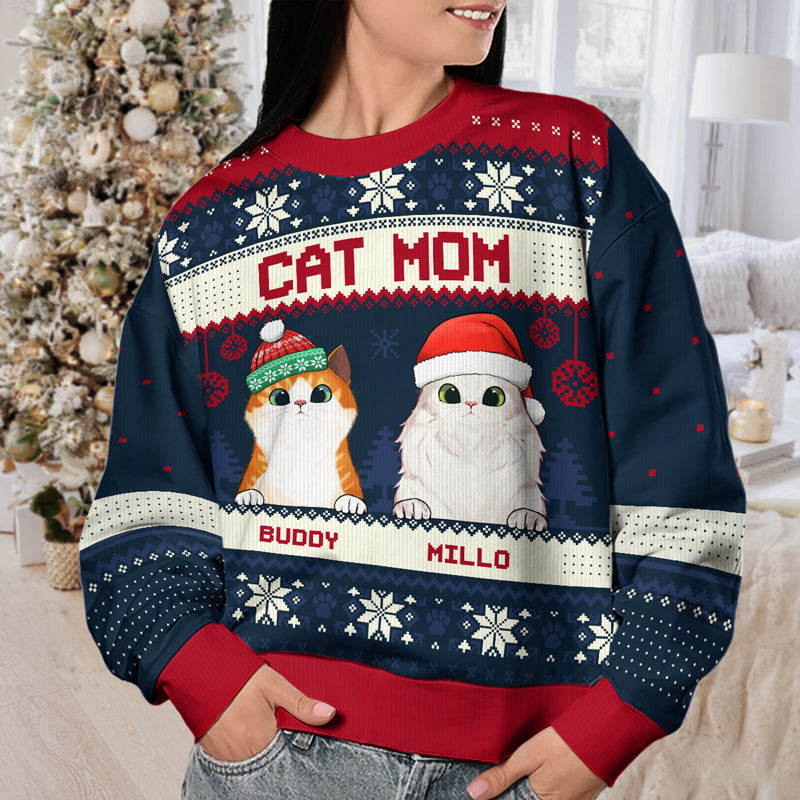 Sweat-shirt de Noël unisexe personnalisé, motif maman et chat, en laine, imprimé intégral, idéal pour les amoureux des chats et des animaux de compagnie. Cadeau idéal pour Noël.