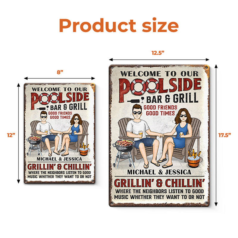 Bienvenue au bar-grill de la piscine - Plaque en métal personnalisée pour couple - Cadeau de pendaison de crémaillère pour mari et femme, anniversaire
