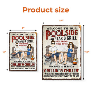 Bienvenue au bar-grill de la piscine - Plaque en métal personnalisée pour couple - Cadeau de pendaison de crémaillère pour mari et femme, anniversaire