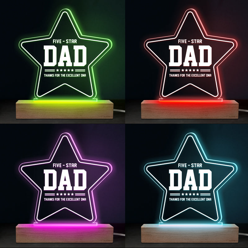 Papa cinq étoiles, merci pour votre excellent ADN ! Lampe LED 3D personnalisée pour la famille ! Cadeau d'anniversaire et de fête des pères