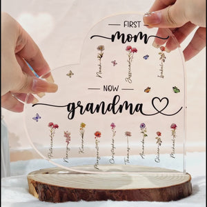 Grand-mère et ses charmantes fleurs - Plaque acrylique personnalisée en forme de cœur pour la famille - Cadeau pour maman et grand-mère