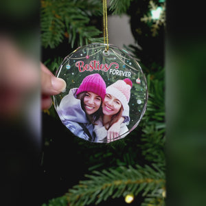 Photo personnalisée Besties Forever - Ornement en verre rond personnalisé Bestie - Cadeau de Noël pour meilleures amies, meilleures amies, sœurs, collègues