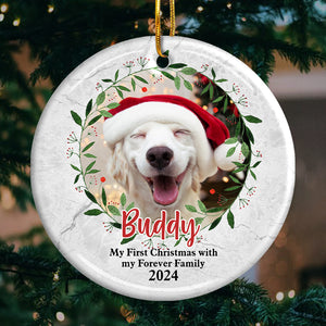Mon premier Noël avec ma famille pour toujours - Décoration de Noël ronde personnalisée en céramique - Télécharger une image, Cadeau pour les amoureux des animaux, Cadeau de Noël