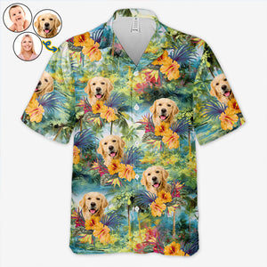 T-shirt hawaïen tropical unisexe personnalisé avec photo « Que l'été commence » pour chien et chat - Cadeau idéal pour les vacances d'été, les propriétaires d'animaux et les amoureux des animaux.
