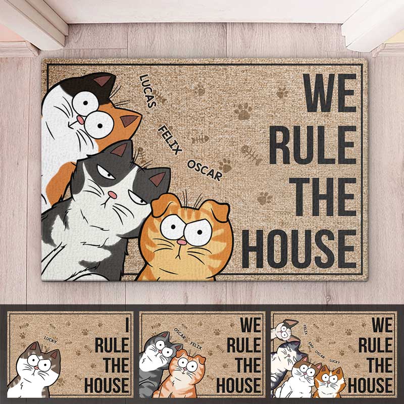 Ici, nous jouons aux règles de la maison - Tapis décoratif personnalisé pour chat - Cadeau pour les propriétaires d'animaux et les amoureux des animaux