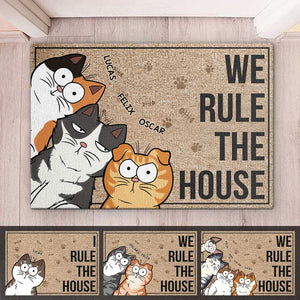 Ici, nous jouons aux règles de la maison - Tapis décoratif personnalisé pour chat - Cadeau pour les propriétaires d'animaux et les amoureux des animaux