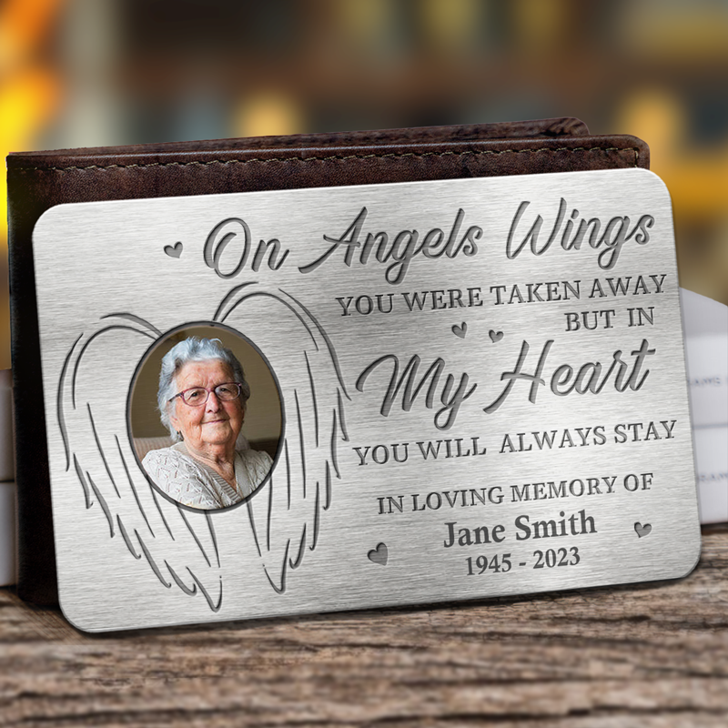 Photo personnalisée sur les ailes d'anges « Vous avez été emmené » - Carte portefeuille personnalisée en aluminium commémorative - Cadeau de condoléances pour les membres de la famille