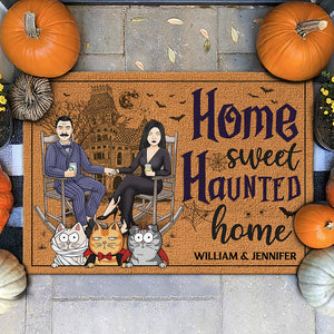 Maison hantée - Tapis décoratif personnalisé pour couple - Cadeau d'Halloween pour mari, femme, propriétaires d'animaux, amoureux des animaux