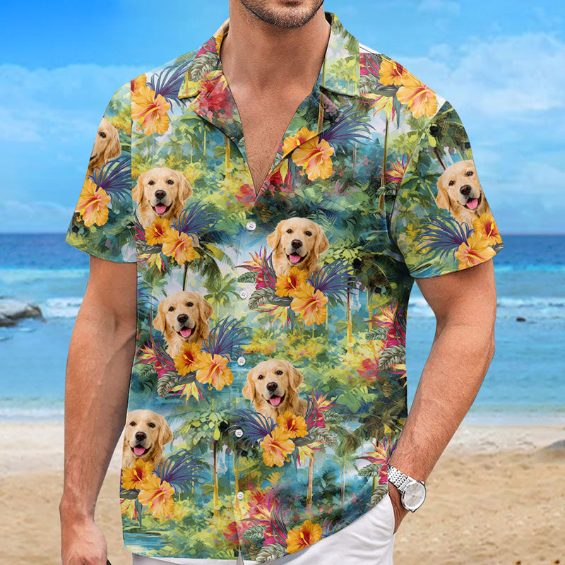 T-shirt hawaïen tropical unisexe personnalisé avec photo « Que l'été commence » pour chien et chat - Cadeau idéal pour les vacances d'été, les propriétaires d'animaux et les amoureux des animaux.