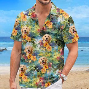 T-shirt hawaïen tropical unisexe personnalisé avec photo « Que l'été commence » pour chien et chat - Cadeau idéal pour les vacances d'été, les propriétaires d'animaux et les amoureux des animaux.
