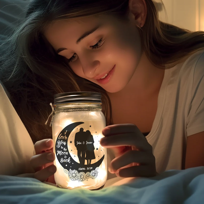 Je t'aime jusqu'à la lune et retour - Couple personnalisé Mason Jar Light - Cadeau pour mari et femme, anniversaire
