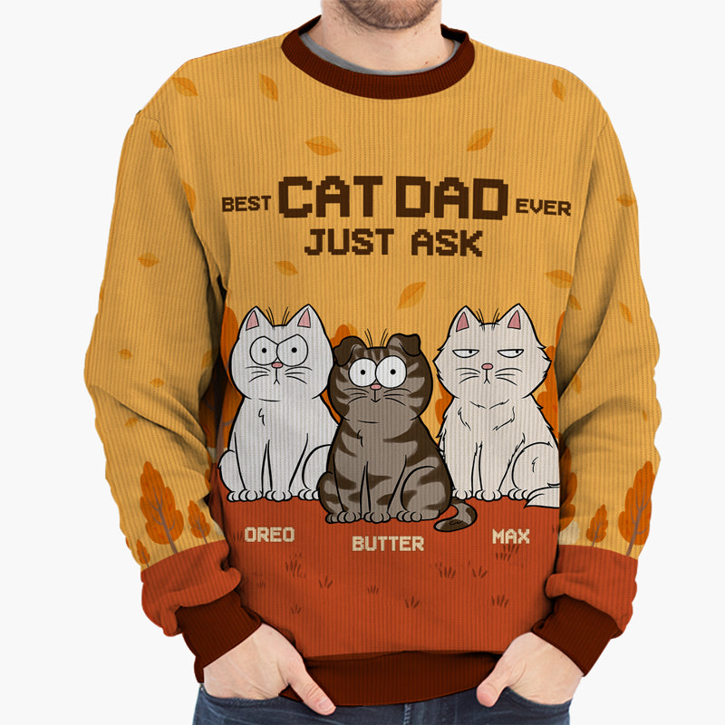 Meilleur papa chat du monde ! Demandez-le ! Sweat-shirt personnalisé pour chat, moche et personnalisé ! Pull unisexe en laine ! Cadeau d'automne pour les propriétaires et les amoureux des animaux.
