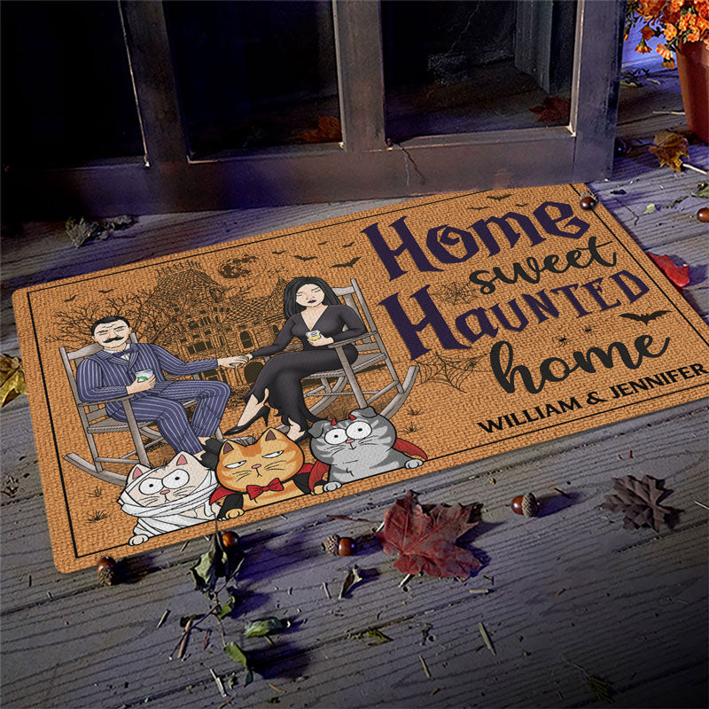Maison hantée - Tapis décoratif personnalisé pour couple - Cadeau d'Halloween pour mari, femme, propriétaires d'animaux, amoureux des animaux