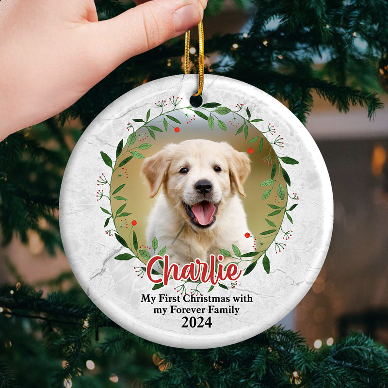 Mon premier Noël avec ma famille pour toujours - Décoration de Noël ronde personnalisée en céramique - Télécharger une image, Cadeau pour les amoureux des animaux, Cadeau de Noël