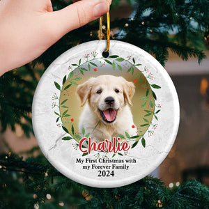 Mon premier Noël avec ma famille pour toujours - Décoration de Noël ronde personnalisée en céramique - Télécharger une image, Cadeau pour les amoureux des animaux, Cadeau de Noël