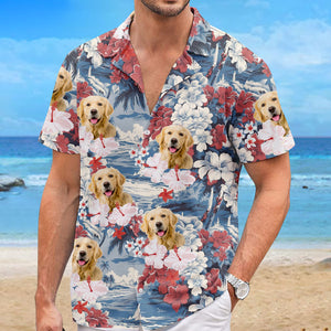 T-shirt hawaïen tropical unisexe personnalisé avec photo « Moins de lundi, plus d'été » pour chien et chat - Cadeau vacances d'été, cadeau pour propriétaires d'animaux et amoureux des animaux