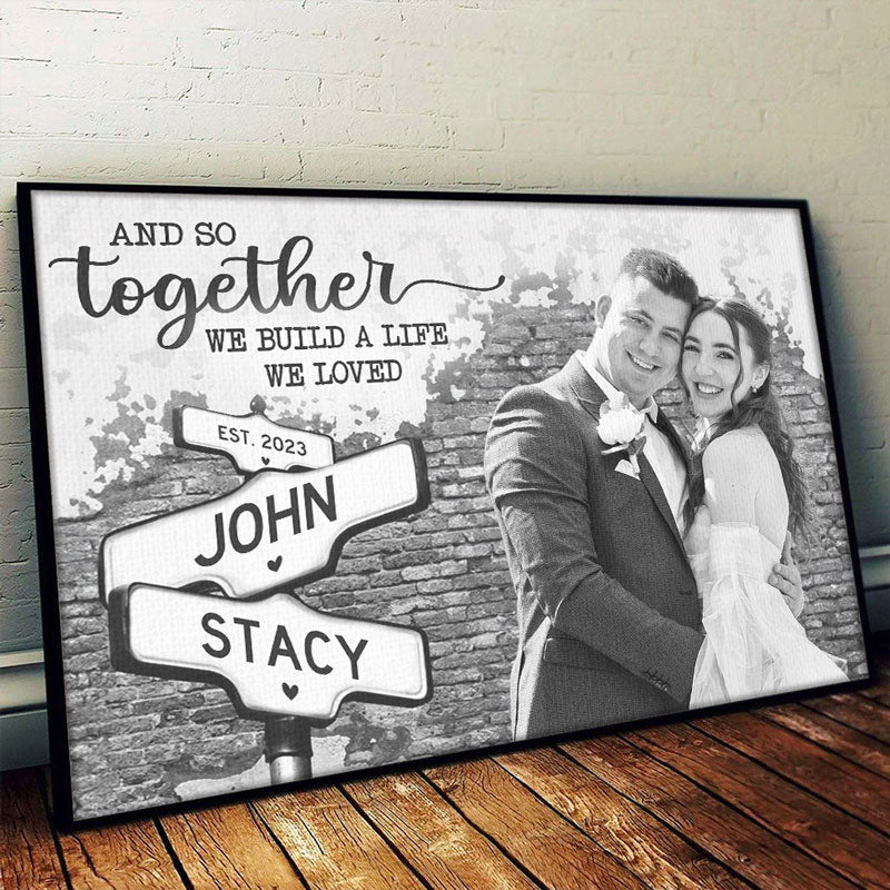 Photo personnalisée « Nous construisons une vie que nous aimons » - Affiche horizontale personnalisée pour couple - Cadeau pour mari et femme, anniversaire